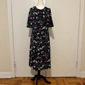 Dark Blue Crane & Blossom Print Midi Dress – Size 48 (fits like a L)